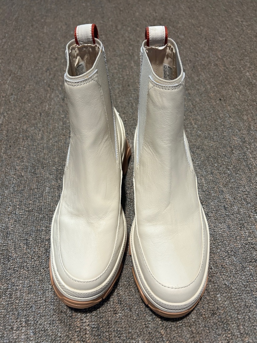 Sorel Cream Leather Chelsea Platform Booties with Tan Sole and Red Pull Tab